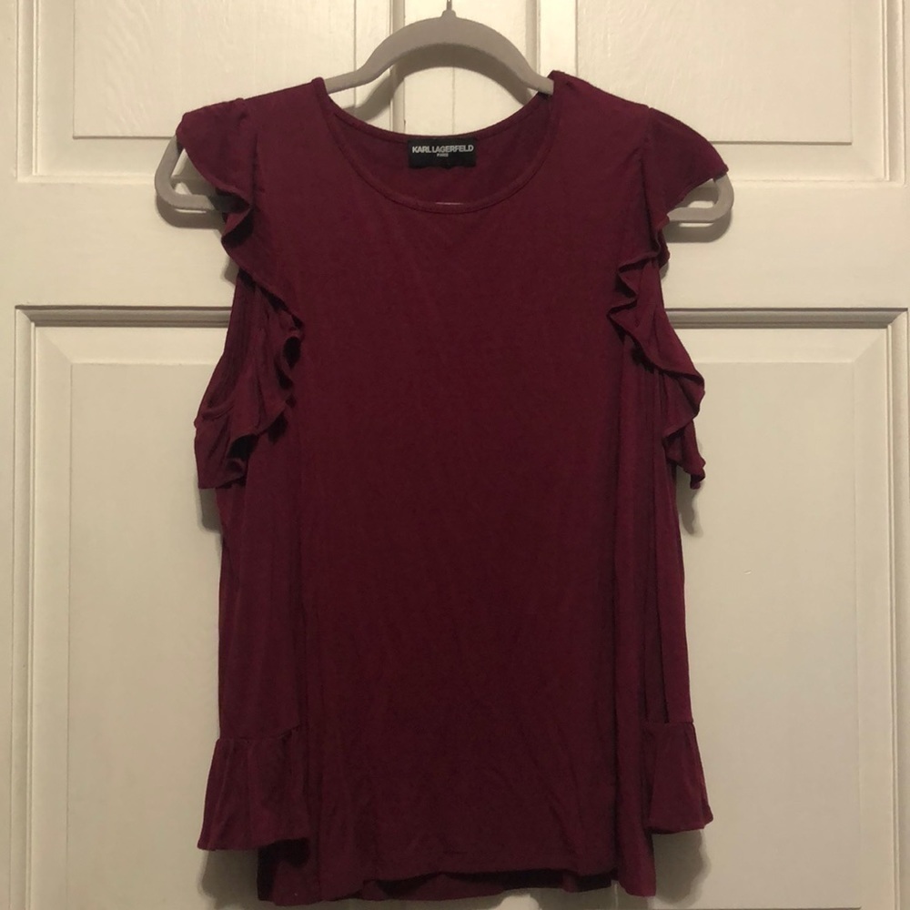 Karl Lagerfield Burgundy Cold-Shoulder Top Ruffles S